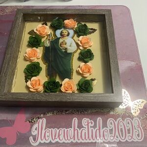 Saint Jude shadow box with lights 9x9 grey shadow box .paper flowers